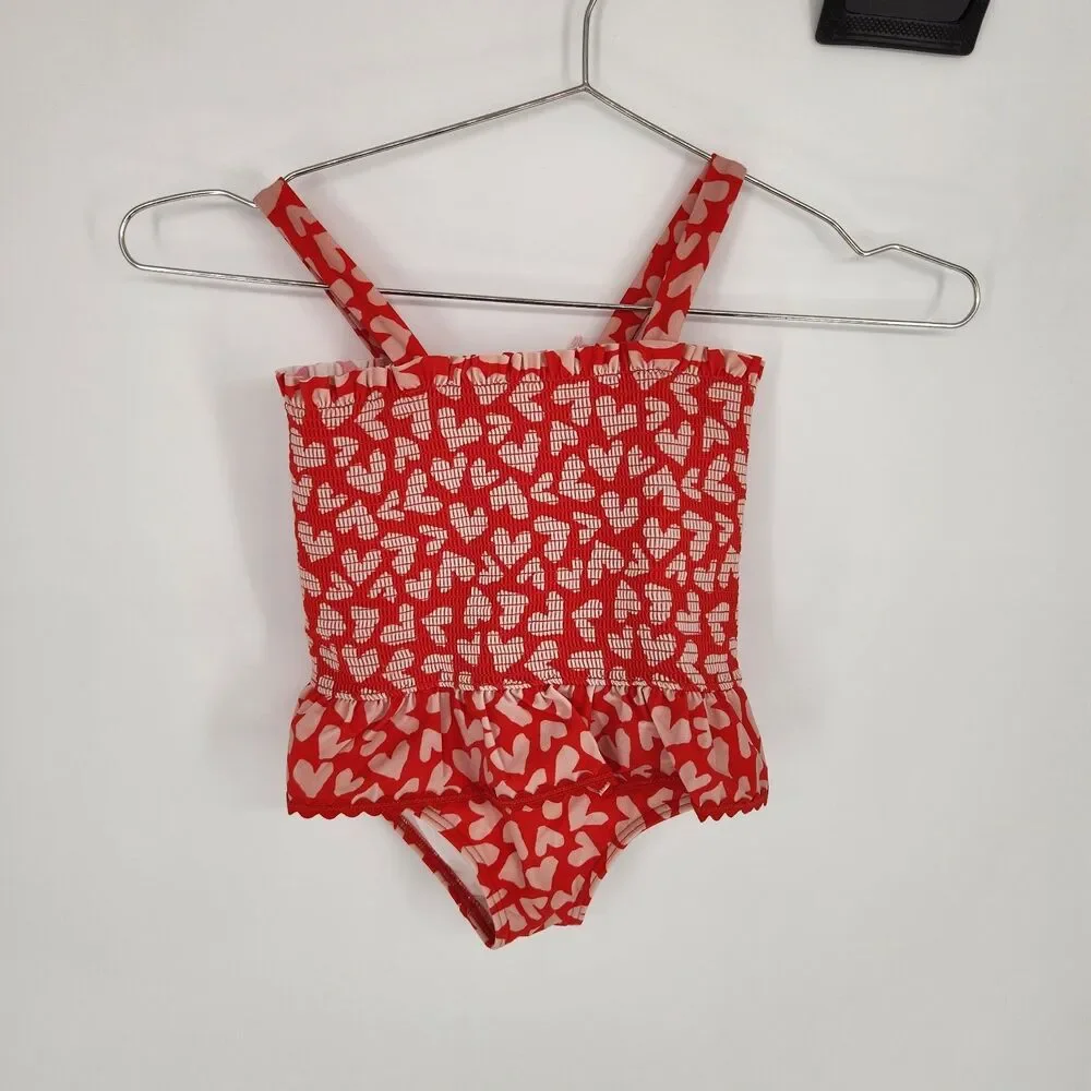 Mini Boden 3-4YR Red Collage Hearts Peplum Smocked Swimsuit NWT